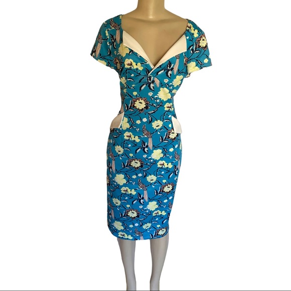 Vintage Blue and Yellow Sheath Midi Dress with Sweetheart Neckline - Picture 2 of 9